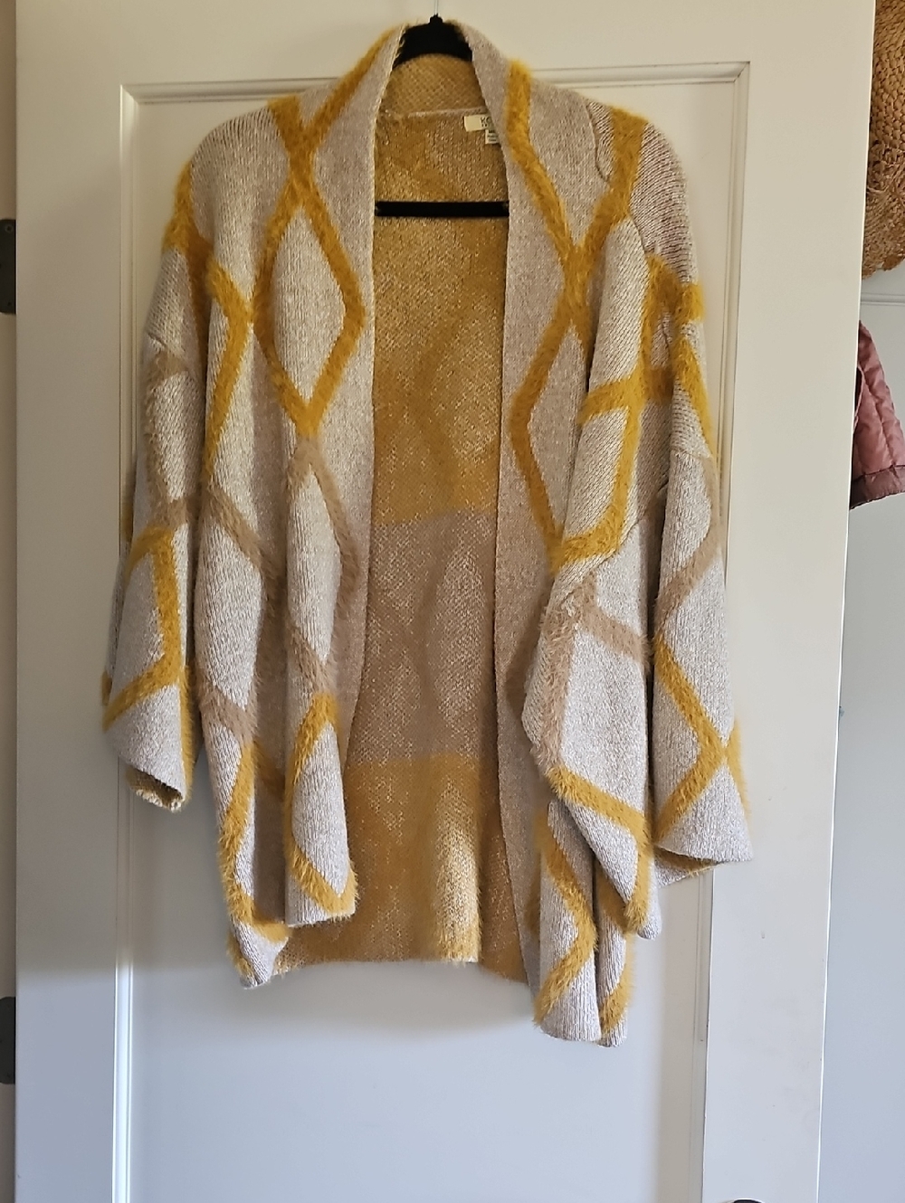 Kori Open-Front Diamond Knit Poncho in Yellow and Cream